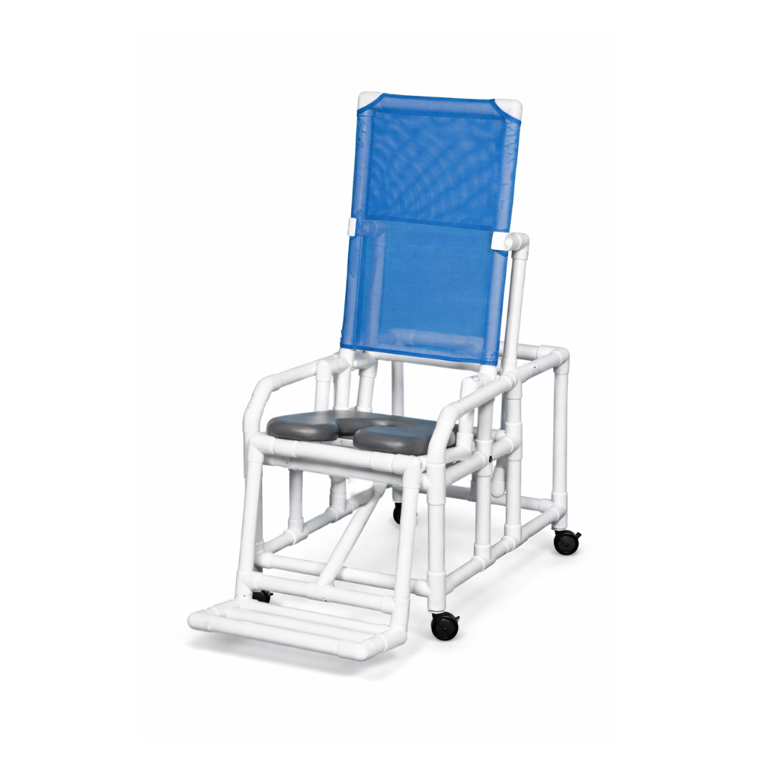 The IPU Easy-Tilt PVC Reclining Rolling Shower Chair features a white PVC frame, blue mesh backrest, padded gray seat, armrests, footrest, and small wheels—providing safe, comfortable bathroom seating with easy mobility.